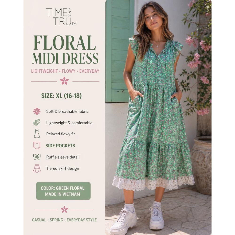 Time and Tru Floral Midi Dress XL 16-18 Green Tiered Pockets Ruffle Sleeve